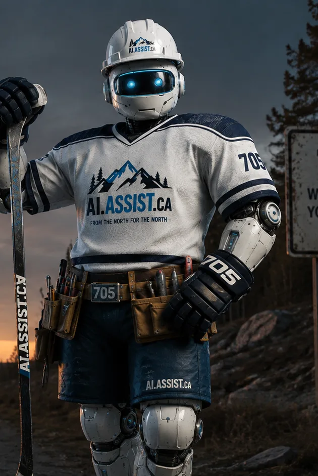 Django, the AI-Assist.ca mascot, in a hockey jersey and tool belt